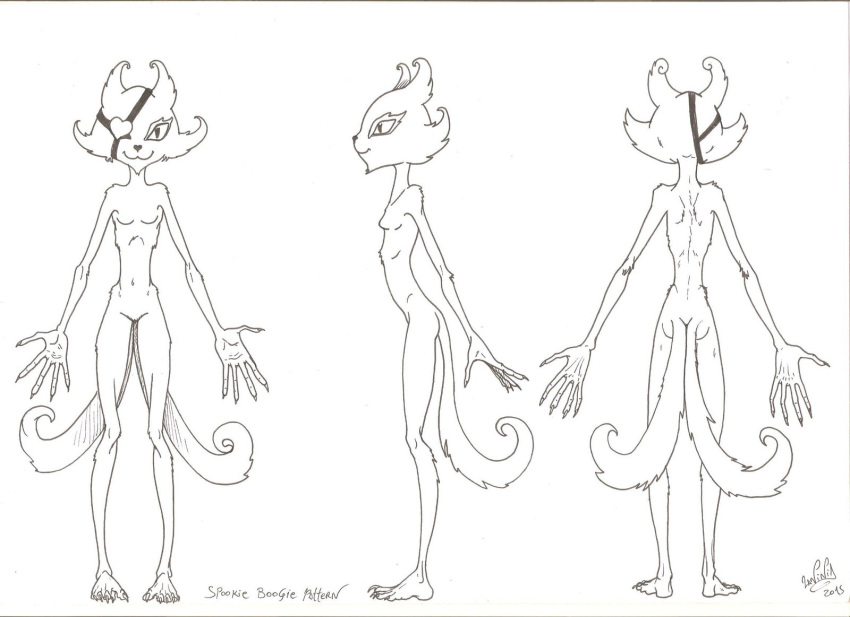 2015 2_tails :3 anthro breasts cat eye_patch eyelashes eyewear featureless_breasts featureless_crotch feline female mammal model_sheet monochrome multi_tail nude psycho_pass signature slim small_breasts solo source_request spooky_boogie unknown_artist unknown_artist_signature