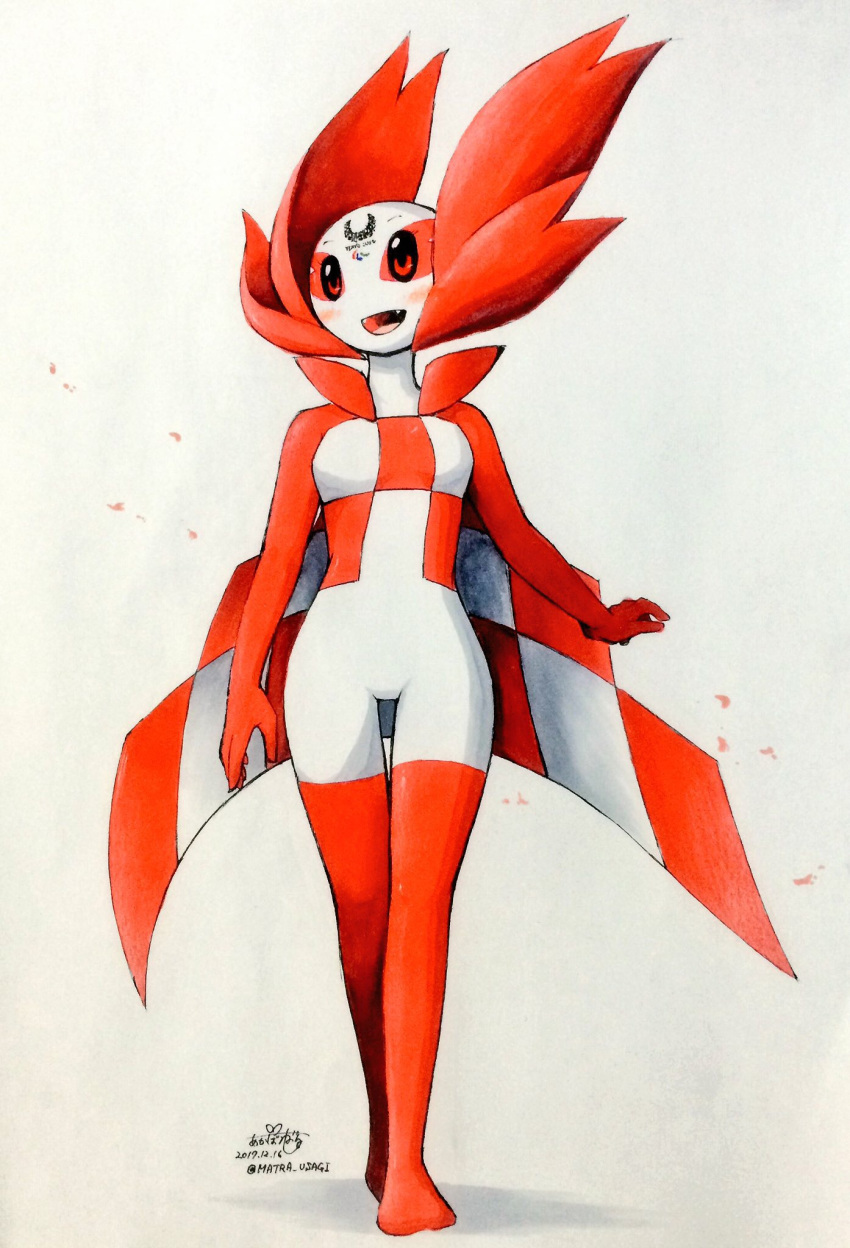 breasts featureless_crotch female jinya looking_at_viewer mascot red_eyes red_sclera red_skin signature solo traditional_media_(artwork) unknown_species walking white_skin あかばね_じん