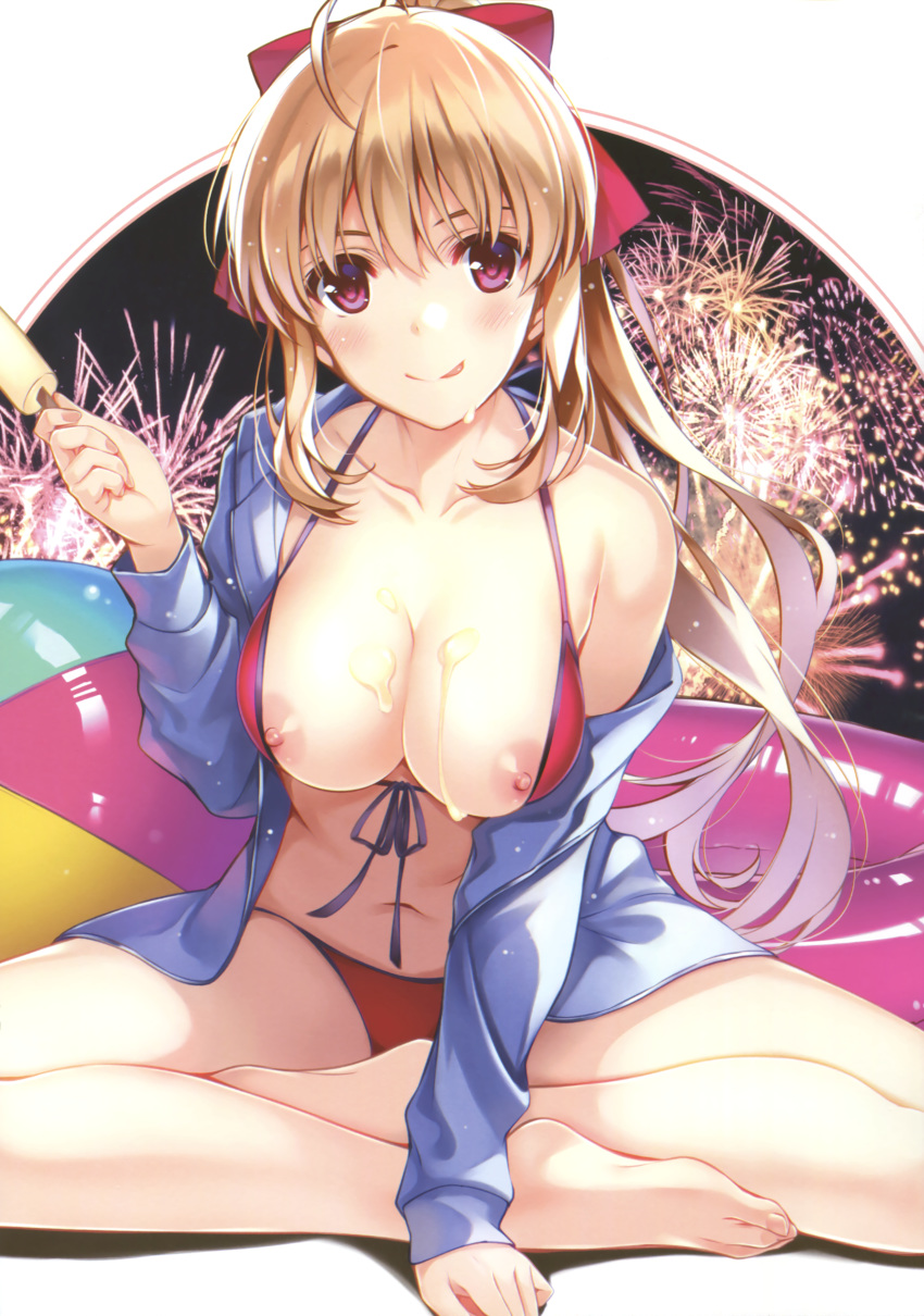 :p absurdres aerial_fireworks ahoge arm_support ball barefoot beachball bikini blush breasts collarbone comic_aun cover dripping fireworks food food_on_body front-tie_top highres indian_style innertube jacket large_breasts light_brown_hair long_hair looking_at_viewer misaki_kurehito mizuhara_erika navel nipple_slip nipples open_clothes open_jacket ponytail popsicle rating red_bikini red_eyes scan sidelocks sitting solo swimsuit tongue tongue_out very_long_hair