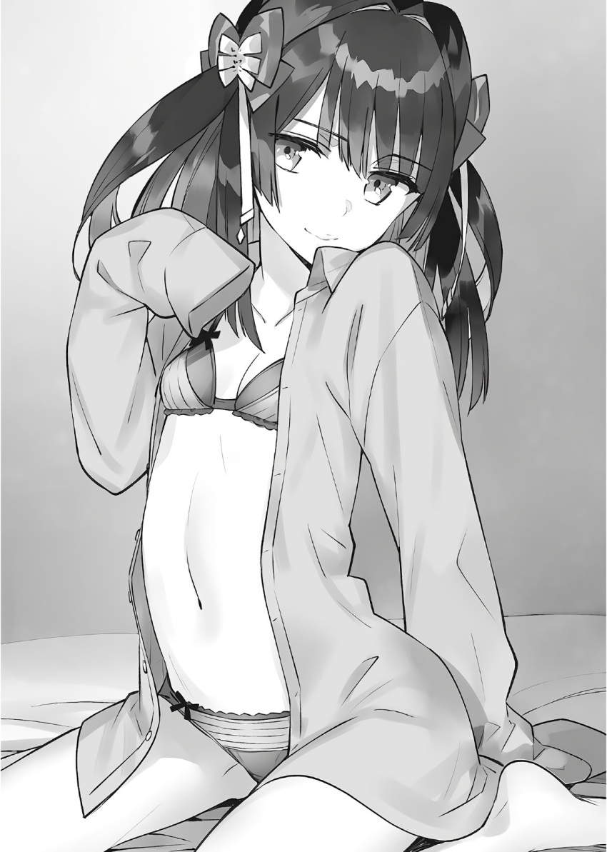 1girl arm_support assassins_pride barefoot bow breasts cleavage collarbone dress_shirt eyebrows_visible_through_hair floating_hair grey_background greyscale hair_between_eyes hair_bow head_tilt highres long_hair looking_at_viewer monochrome mule_la_mall navel ninomoto novel_illustration official_art open_clothes open_shirt panties shiny shiny_hair shirt simple_background sitting sleeves_past_wrists small_breasts smile solo underwear wariza