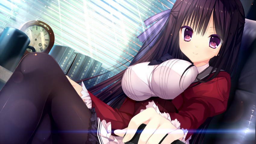 black_hair game_cg haruoto_alice_gram long_hair nanawind pantyhose purple_eyes rindou_yaya seifuku takanae_kyourin