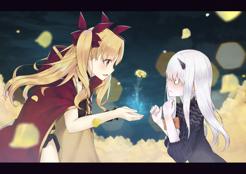 albino amder black_dress blonde_hair blurry blurry_background bow cape collarbone commentary_request dress ereshkigal_(fate/grand_order) eye_contact eyebrows_visible_through_hair fate/grand_order fate_(series) flower from_side hair_bow hair_ribbon horn lavinia_whateley_(fate/grand_order) letterboxed long_hair looking_at_another multiple_girls open_mouth orange_bow petals pixiv_fate/grand_order_contest_2 red_cape red_eyes red_ribbon ribbed_dress ribbon sanpaku see-through sideways_mouth smile straight_hair twintails white_hair white_skin yellow_flower