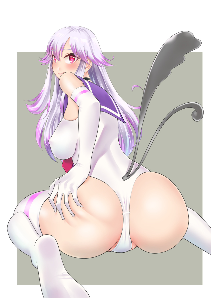 1girl artist_request ass ass_grab bare_shoulders blush breasts cameltoe character_request come_hither deep_skin elbow_gloves from_behind gloves heart-shaped_pupils huge_ass large_breasts leotard long_hair looking_at_viewer looking_back multicolored_hair multiple_tails purple_eyes purple_hair sailor_collar shiny shiny_hair shiny_skin sideboob silver_hair smile solo tail thighhighs thong_leotard very_long_hair virtual_youtuber