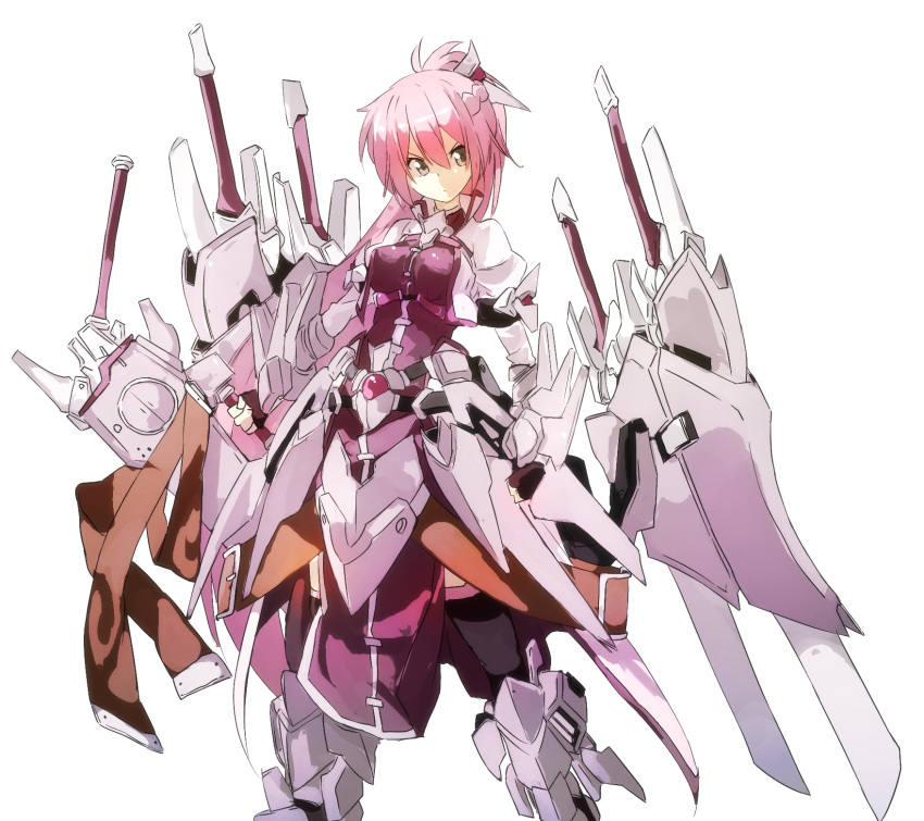 armor armored_dress black_legwear boots brown_eyes bygddd5 closed_mouth commentary_request cowboy_shot frown greaves gundam gundam_build_fighters hair_ornament highres holding holding_weapon levantine long_hair long_sleeves looking_at_viewer lyrical_nanoha mahou_shoujo_lyrical_nanoha mahou_shoujo_lyrical_nanoha_a's mechanical_wings overskirt pink_hair ponytail signum simple_background solo standing sword thigh_boots thighhighs v-shaped_eyebrows weapon white_background wing_gundam_zero_flame wings