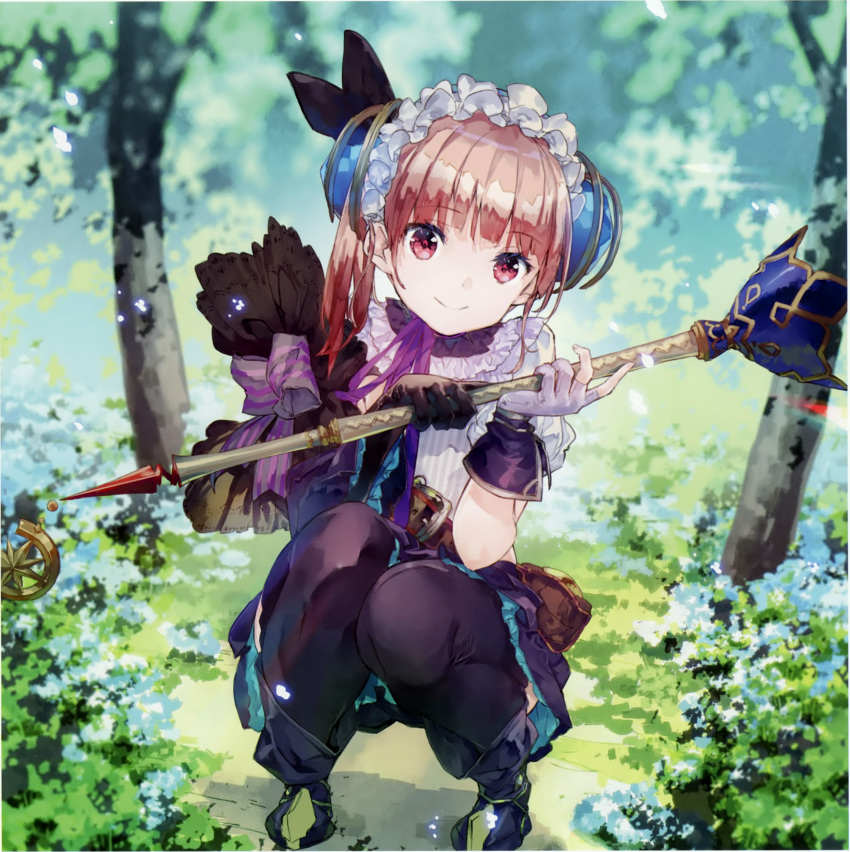 absurdres atelier_(series) atelier_lydie_&amp;_suelle blush boots bow day forest gloves hairband highres huge_filesize looking_at_viewer lydie_marlen nature noco_(adamas) official_art outdoors pink_eyes pink_hair scan short_hair side_ponytail squatting staff yuugen