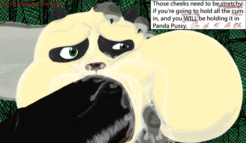 2013 anthro bear big_penis black_fur cheek_bulge cum cum_in_mouth cum_inside cum_on_face cum_on_penis dialogue digital_media_(artwork) duo english_text erection feline fellatio forced forced_oral fur green_eyes grey_fur hand_on_head horatio_svetlana huge_penis hyper hyper_penis interspecies kung_fu_panda leopard male male/male mammal multicolored_fur open_mouth oral oral_penetration panda penetration penis po sex snow_leopard tai_lung_(kung_fu_panda) text two_tone_fur vein veiny_penis white_fur