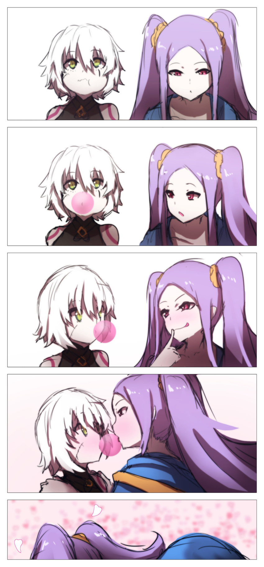 5koma :p :t absurdres bad_id bad_twitter_id bangs bare_shoulders black_shirt bubble_blowing chewing_gum chinese_clothes closed_mouth collarbone comic commentary_request eye_contact eyebrows_visible_through_hair facial_scar fate/grand_order fate_(series) finger_to_mouth forehead green_eyes hair_between_eyes hair_ornament hair_scrunchie hanfu heart highres jack_the_ripper_(fate/apocrypha) looking_at_another multiple_girls parted_bangs parted_lips pink_hair purple_hair scar scar_across_eye scar_on_cheek scrunchie shirt shoulder_grab shoulder_tattoo silent_comic silver_hair sleeveless sleeveless_shirt smile surprised tattoo tongue tongue_out wada_kazu wavy_mouth wu_zetian_(fate/grand_order) yellow_scrunchie yuri