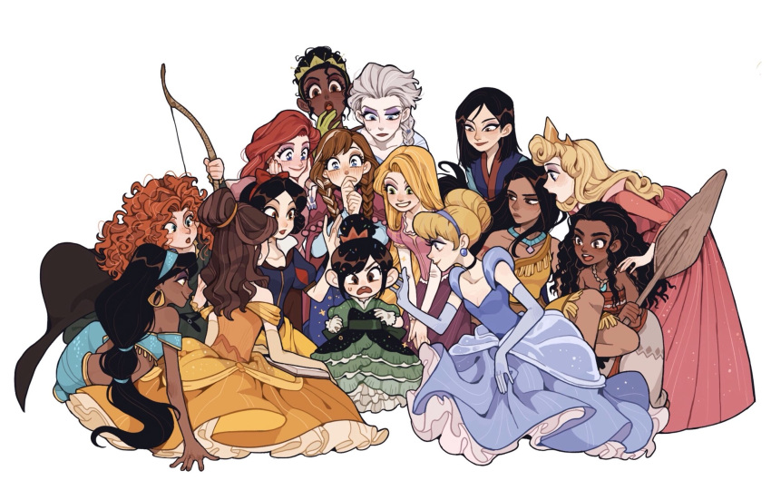 aladdin_(disney) anna_(frozen) ariel_(disney) arm_support aurora_(disney) beauty_and_the_beast belle_(disney) black_hair blonde_hair blush book bow_(weapon) brave_(pixar) cinderella cinderella_(disney) company_connection crossover dark_skin disney dress elsa_(frozen) eyeshadow fa_mulan_(disney) frozen_(disney) hair_bun hairband highres jasmine_(disney) juanmao looking_at_another makeup merida_(brave) messy_hair moana_(movie) moana_waialiki mulan multiple_girls oar pale_skin pocahontas pocahontas_(disney) rapunzel_(disney) red_hair sleeping_beauty smile snow_white_(disney) snow_white_and_the_seven_dwarfs sweatdrop tangled tattoo the_little_mermaid the_princess_and_the_frog tiana_(the_princess_and_the_frog) tiara tribal_tattoo vanellope_von_schweetz weapon wreck-it_ralph