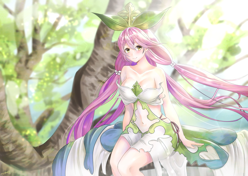 bare_shoulders blush breasts brown_eyes cleavage collarbone commentary_request dress granblue_fantasy hair_ornament highres in_tree large_breasts long_hair looking_at_viewer low_quad_tails navel navel_cutout plant_girl purple_hair quad_tails sakurauchi_miyuu sitting sitting_in_tree smile solo strapless strapless_dress tree very_long_hair yggdrasil_(granblue_fantasy)