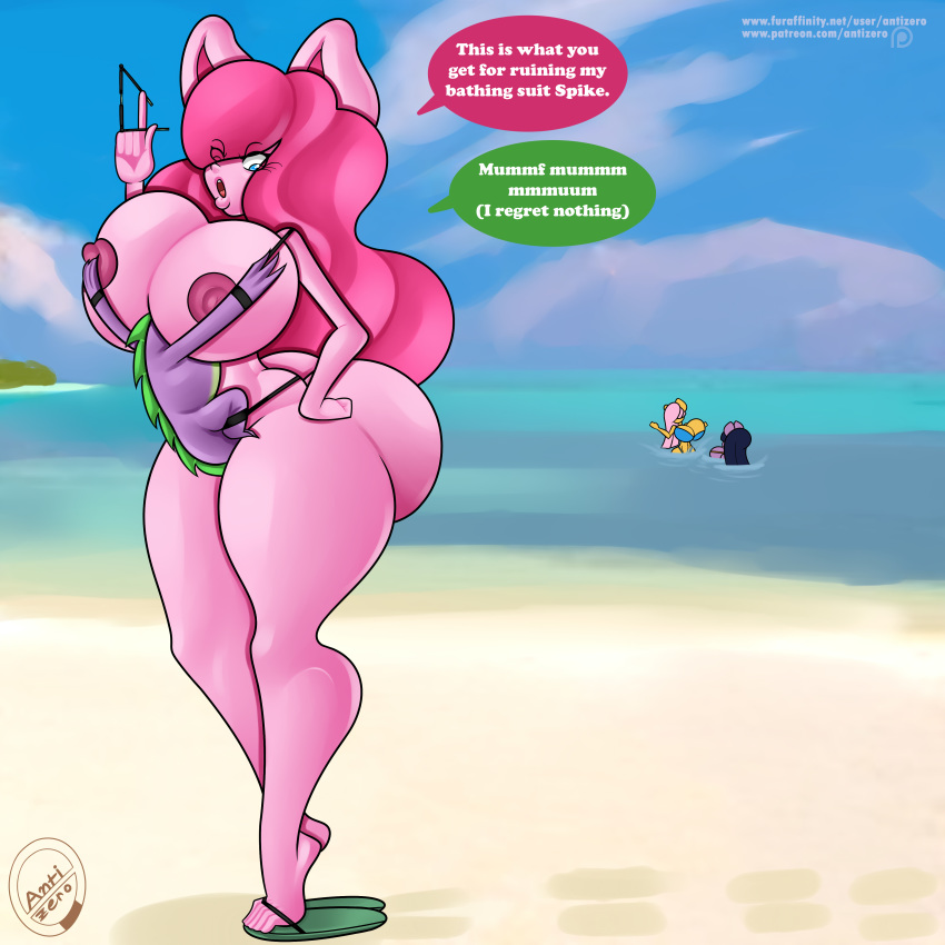 2018 anthro anthrofied antizero beach big_breasts big_butt blue_eyes breasts butt dragon earth_pony english_text equine female friendship_is_magic hair horse huge_breasts huge_butt mammal my_little_pony nipples pink_hair pinkie_pie_(mlp) pony scalie seaside spike_(mlp) text thick_thighs voluptuous wide_hips