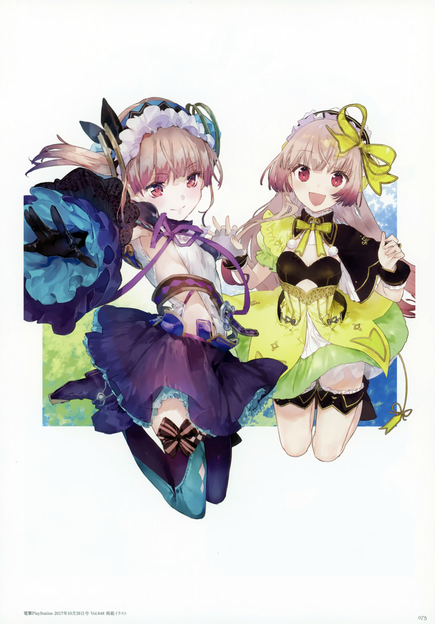 absurdres atelier_(series) atelier_lydie_&amp;_suelle blush boots bow bowtie breasts cleavage gloves hairband highres huge_filesize long_hair lydie_marlen multiple_girls noco_(adamas) official_art open_mouth pink_eyes pink_hair scan siblings sisters small_breasts smile suelle_marlen thighhighs twins yuugen