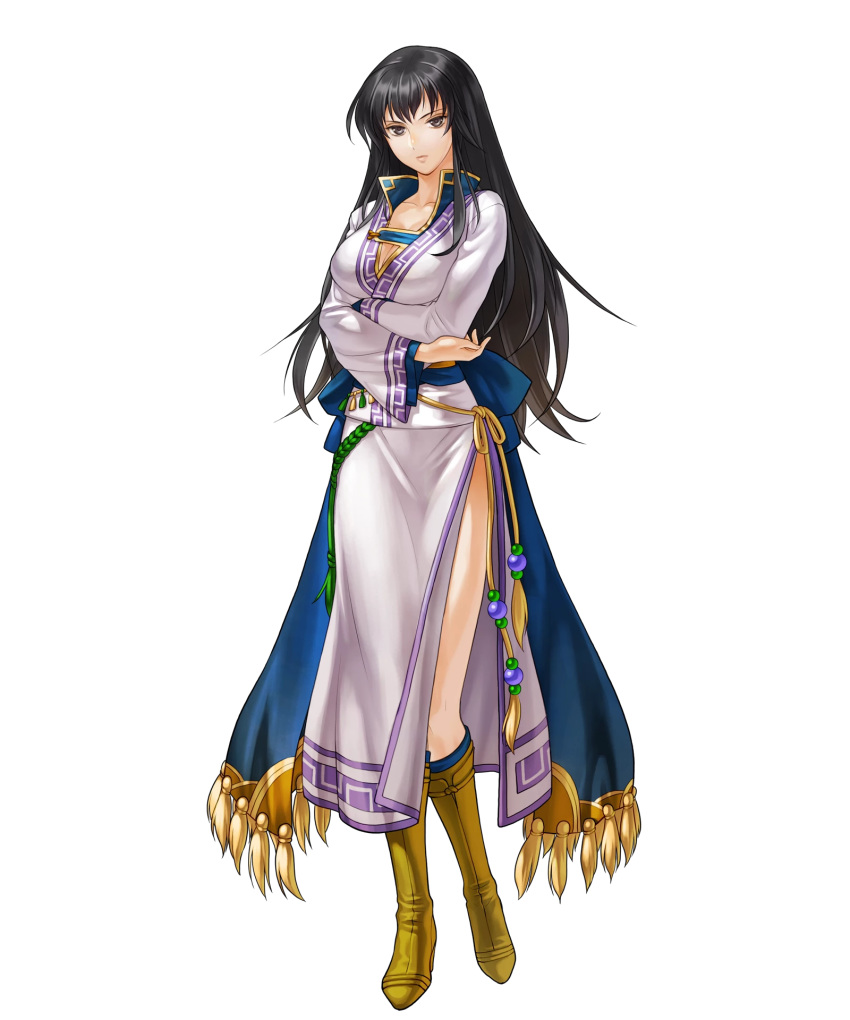 bangs belt black_hair boots breasts brown_footwear closed_mouth expressionless fire_emblem fire_emblem:_rekka_no_ken fire_emblem_heroes full_body grey_eyes highres karla kita_senri knee_boots large_breasts lips long_hair long_sleeves looking_at_viewer non-web_source official_art sash shiny shiny_hair side_slit solo standing transparent_background