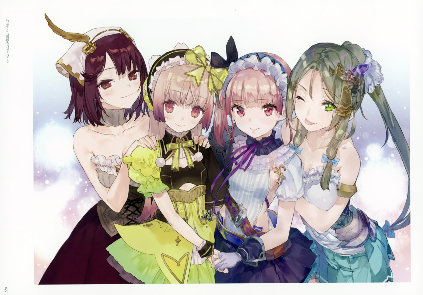 absurdres atelier_(series) atelier_lydie_&amp;_suelle atelier_sophie bare_shoulders blush bow bowtie breasts brown_eyes brown_hair cleavage firis_mistlud gloves green_eyes hair_ornament hairband highres huge_filesize long_hair looking_at_viewer lydie_marlen multiple_girls noco_(adamas) official_art pink_eyes pink_hair ponytail scan short_hair siblings side_ponytail sisters skirt small_breasts smile sophie_neuenmuller suelle_marlen tongue twins yellow_bow yuugen