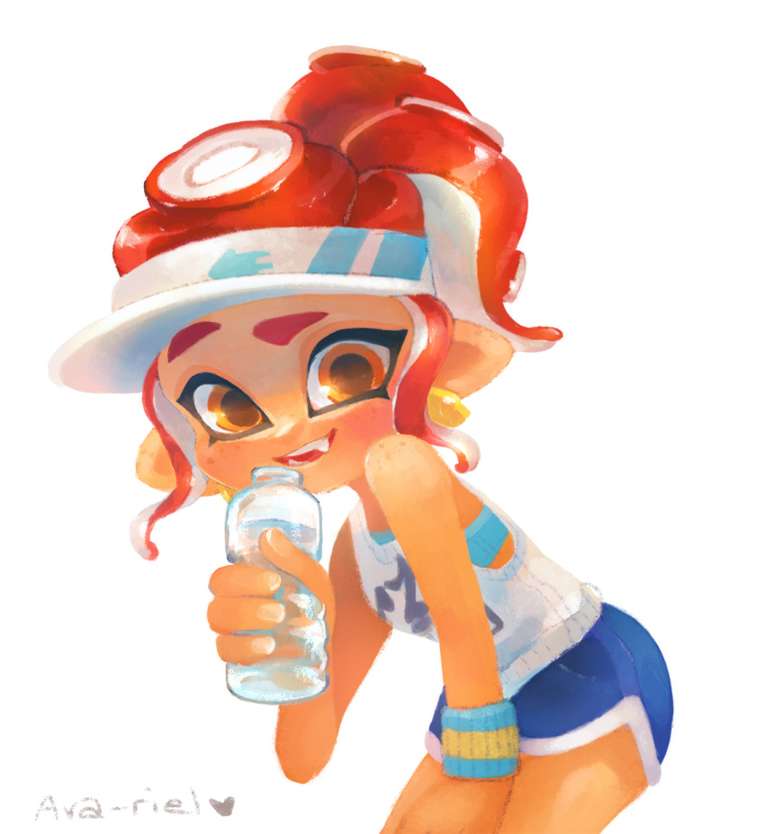 ava-riel bent_over bottle commentary domino_mask earrings eyebrows highres jewelry looking_at_viewer mask octarian octoling open_mouth orange_eyes pointy_ears ponytail red_hair shorts simple_background splatoon_(series) splatoon_2 tank_top visor water_bottle white_background wristband