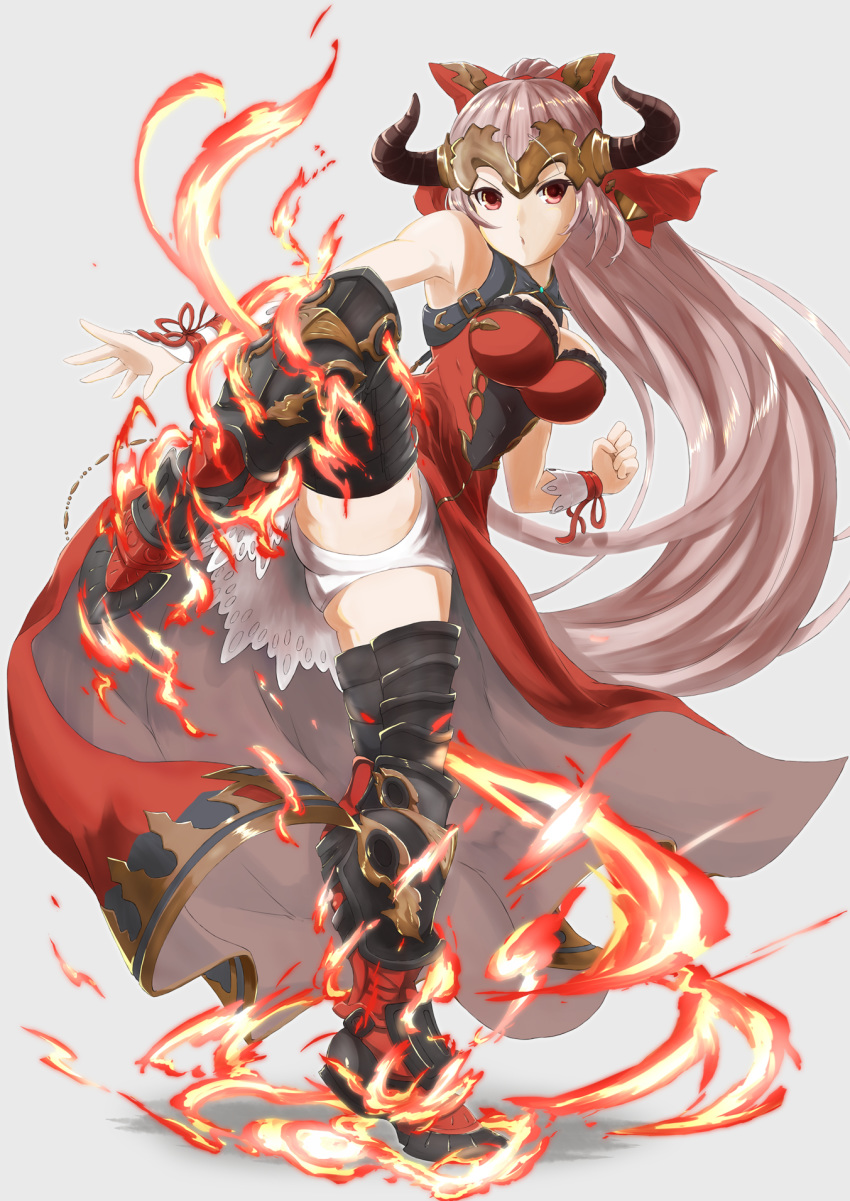 :o aliza_(granblue_fantasy) armored_boots ass boots bow breasts cleavage cleavage_cutout commentary_request draph dress fighting_stance fire granblue_fantasy hair_bow headpiece highres horns kicking kou_v05first large_breasts leg_up long_hair panties pantyshot pantyshot_(kicking) pointy_ears red_bow red_dress red_eyes silver_hair solo thigh_boots thighhighs underwear very_long_hair white_panties wrist_cuffs