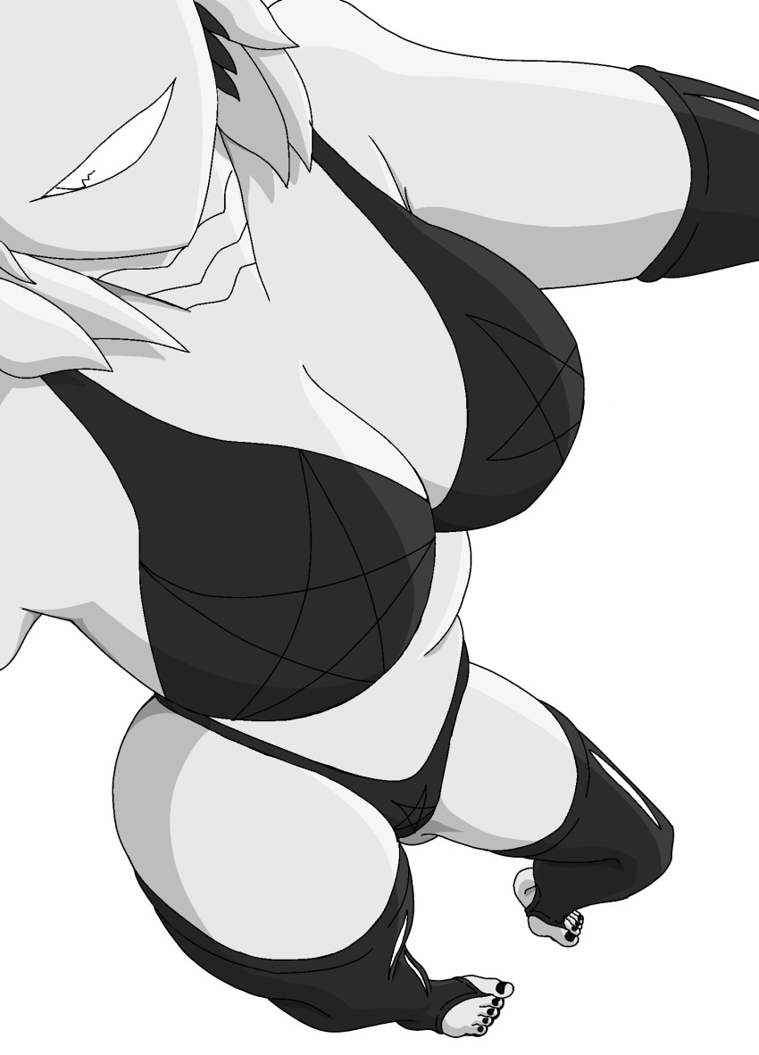 bikini breasts cleavage clothed clothing demon female greyscale hi_res kate legwear monochrome selfie smile solo swimsuit thick_thighs thigh_highs wide_hips zimaku15