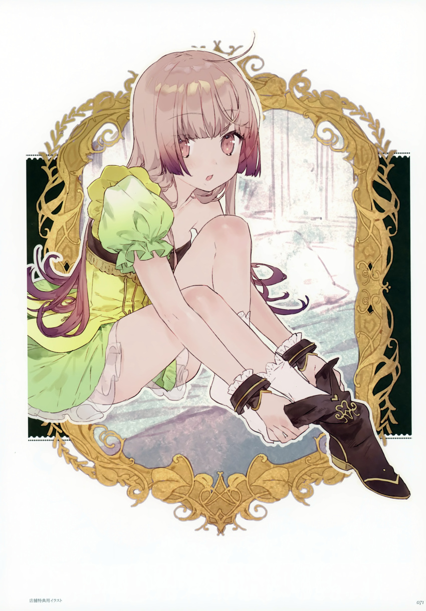 absurdres adjusting_clothes adjusting_legwear atelier_(series) atelier_lydie_&amp;_suelle blush boots bow dressing frills hairband highres huge_filesize long_hair noco_(adamas) official_art pink_hair putting_on_boots scan solo suelle_marlen wrist_cuffs