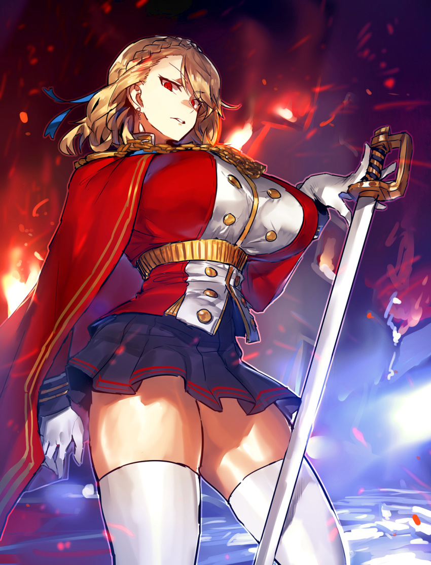 azur_lane belt blonde_hair blue_ribbon blue_skirt braid breasts cape earrings gloves hair_ribbon highres holding holding_sword holding_weapon huge_breasts jacket jewelry legs_apart long_sleeves looking_at_viewer melon22 miniskirt parted_lips pleated_skirt prince_of_wales_(azur_lane) red_cape red_eyes red_jacket ribbon skirt solo standing sword thighhighs thighs weapon white_gloves white_legwear zettai_ryouiki