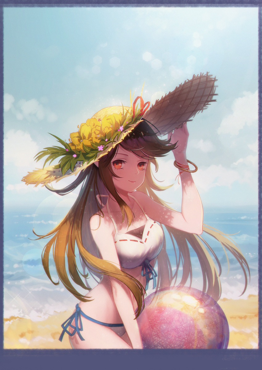 ball beach bikini bracelet breasts brown_eyes brown_hair cha_(pixiv12794171) closed_mouth collarbone day eyebrows_visible_through_hair flower hat highres jewelry long_hair looking_at_viewer medium_breasts ocean original outdoors red_ribbon ribbon smile solo sun_hat swimsuit white_bikini
