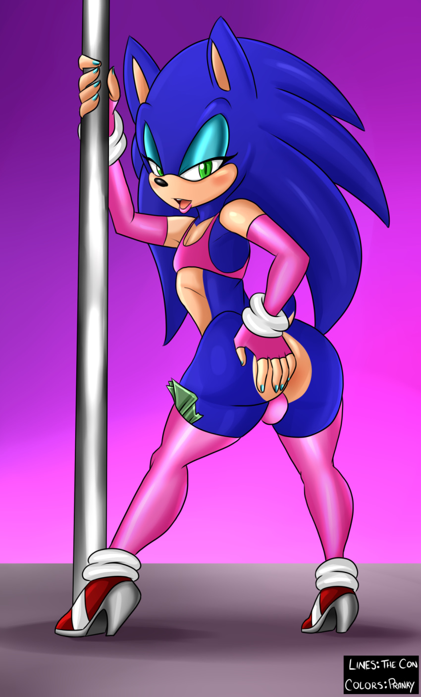 armwear blue_fur clothed clothing crossdressing dancing footwear fur girly gloves hedgehog high_heels legwear lipstick makeup male mammal money pole pole_dancing pranky shoes solo sonic_(series) sonic_the_hedgehog stripper thecon thigh_highs