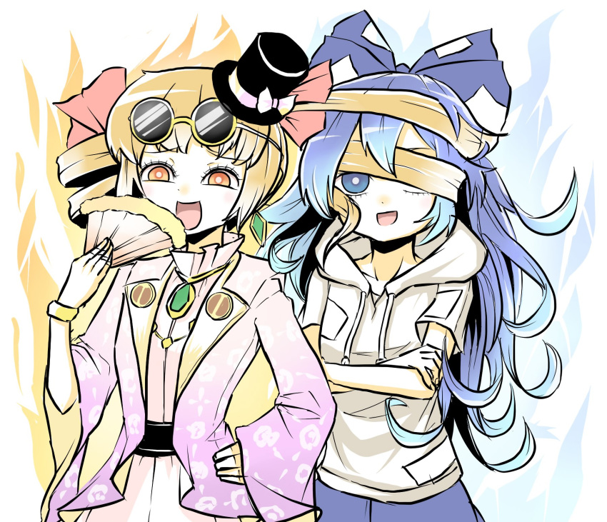 black_hat blonde_hair blue_hair bow commentary crossed_arms drill_hair earrings eyewear_on_head fan folding_fan hand_on_hip hat hat_bow hat_ribbon highres holding holding_fan hood hoodie jacket jewelry long_hair multiple_girls one_eye_covered open_clothes open_jacket open_mouth orange_eyes peroponesosu. purple_jacket ribbon round_eyewear short_sleeves siblings sisters sunglasses top_hat touhou twin_drills white_bow white_ribbon wide_sleeves yellow_eyes yorigami_jo'on yorigami_shion
