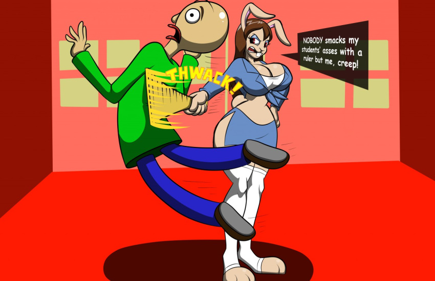 2018 angry anthro baldi baldi's_basics_in_education_and_learning big_breasts breasts brown_hair cleavage clothed clothing english_text female hair hyperflannel_(artist) inside lagomorph legwear male mammal open_mouth rabbit red_eyes ruler speech_bubble stockings teacher text window