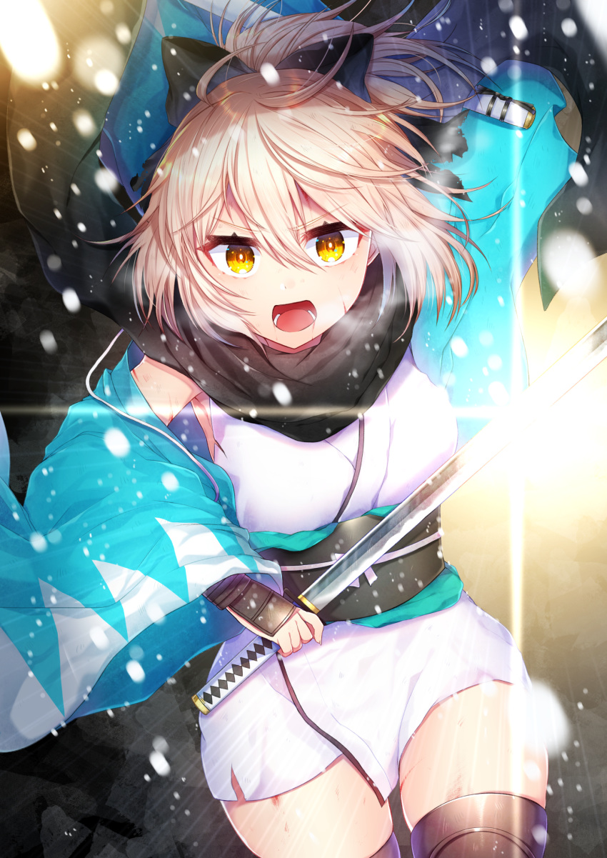 ahoge akirannu arm_guards black_bow black_scarf blonde_hair bow commentary_request cowboy_shot fate/grand_order fate_(series) hair_bow half_updo highres holding holding_sword holding_weapon japanese_clothes katana kimono koha-ace light_rays motion_lines obi okita_souji_(fate) okita_souji_(fate)_(all) open_mouth sash scarf shinsengumi short_hair short_kimono solo sword teeth thighhighs thighs weapon white_kimono zettai_ryouiki