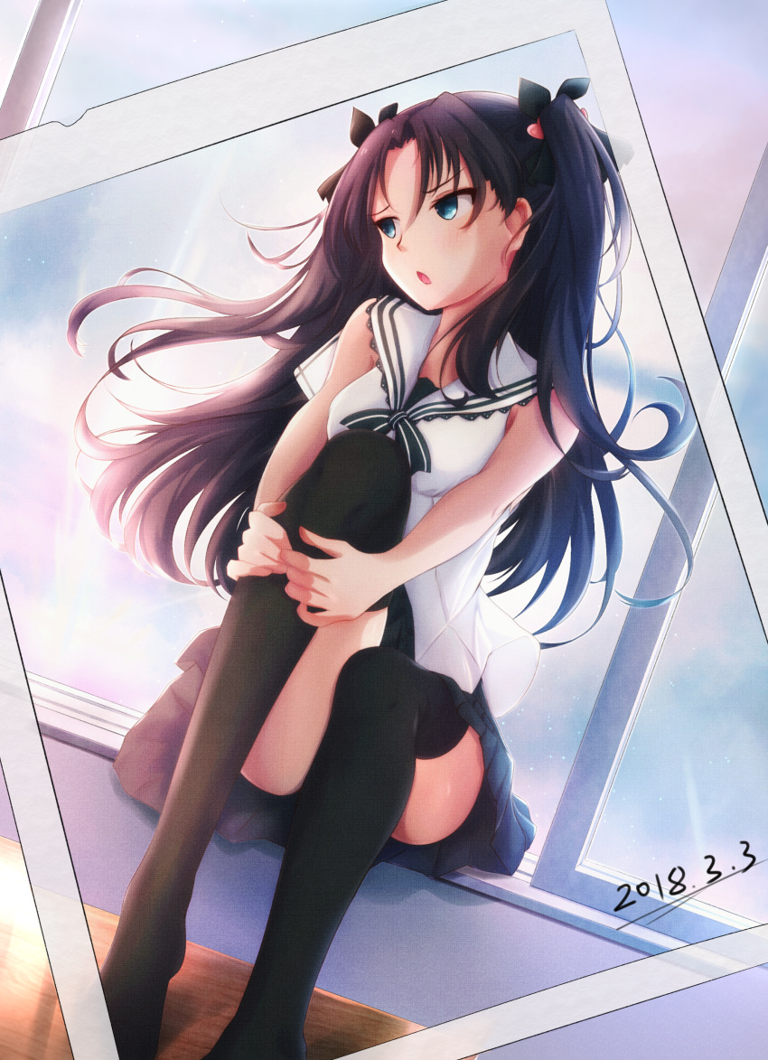 :o absurdres black_hair black_legwear black_skirt blue_eyes commentary_request dated fate/stay_night fate_(series) hair_ribbon highres jiang_xin long_hair looking_to_the_side photo_(object) ribbon sailor_collar sitting skirt solo thighhighs toosaka_rin two_side_up window windowsill