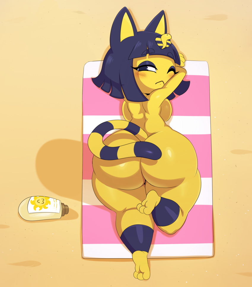 2018 3_toes :&lt; absurd_res animal_crossing ankha anthro back_boob bangs barefoot beach big_breasts big_butt biped blue_eyes blue_hair blush bottomless breast_squish breasts brown_hair butt cat cat_tail clothed clothing digital_media_(artwork) duo edit egyptian eyeshadow feline female hair hi_res huge_butt huge_hips human lotion lying makeup male mammal nervous nintendo noseless nude on_front one_eye_closed sand seaside short_hair short_stack shorts soles sssonic2 sweat thick_thighs toes video_games voluptuous wide_hips