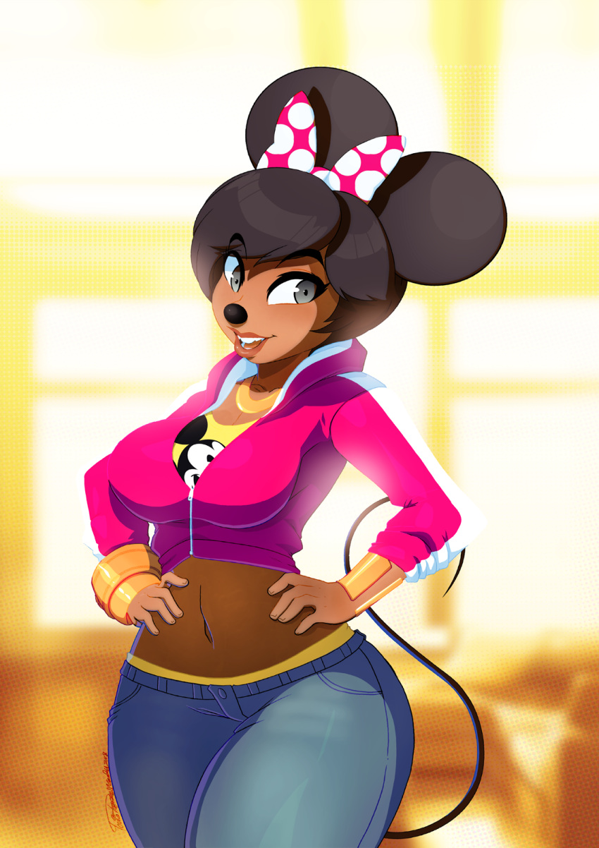 2017 abstract_background anthro big_breasts black_hair black_nose bow_ribbon bracelet breasts clothed clothing disney eyelashes female fully_clothed hair invalid_tag jacket jeans jewelry looking_at_viewer mammal mickey_mouse midriff minnie_mouse mouse navel open_mouth pants rodent shirt short_hair signature smile solo standing teeth tovio_rogers