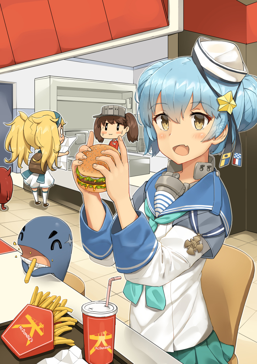absurdres aqua_neckwear blonde_hair blue_hair blue_sailor_collar brand_name_imitation chair cup dixie_cup_hat double_bun drinking_straw eating enemy_lifebuoy_(kantai_collection) eyebrows_visible_through_hair fang food french_fries gambier_bay_(kantai_collection) hamburger hat highres holding holding_food indoors kantai_collection light_blush long_sleeves map_(object) mcdonald's military_hat multiple_girls navy_cross neckerchief open_mouth ryuujou_(kantai_collection) safe_(container) sailor_collar samuel_b._roberts_(kantai_collection) school_uniform serafuku shinkaisei-kan shirt short_hair sitting soushou_nin table tearing_up twintails visor_cap whale white_hat white_shirt yellow_eyes