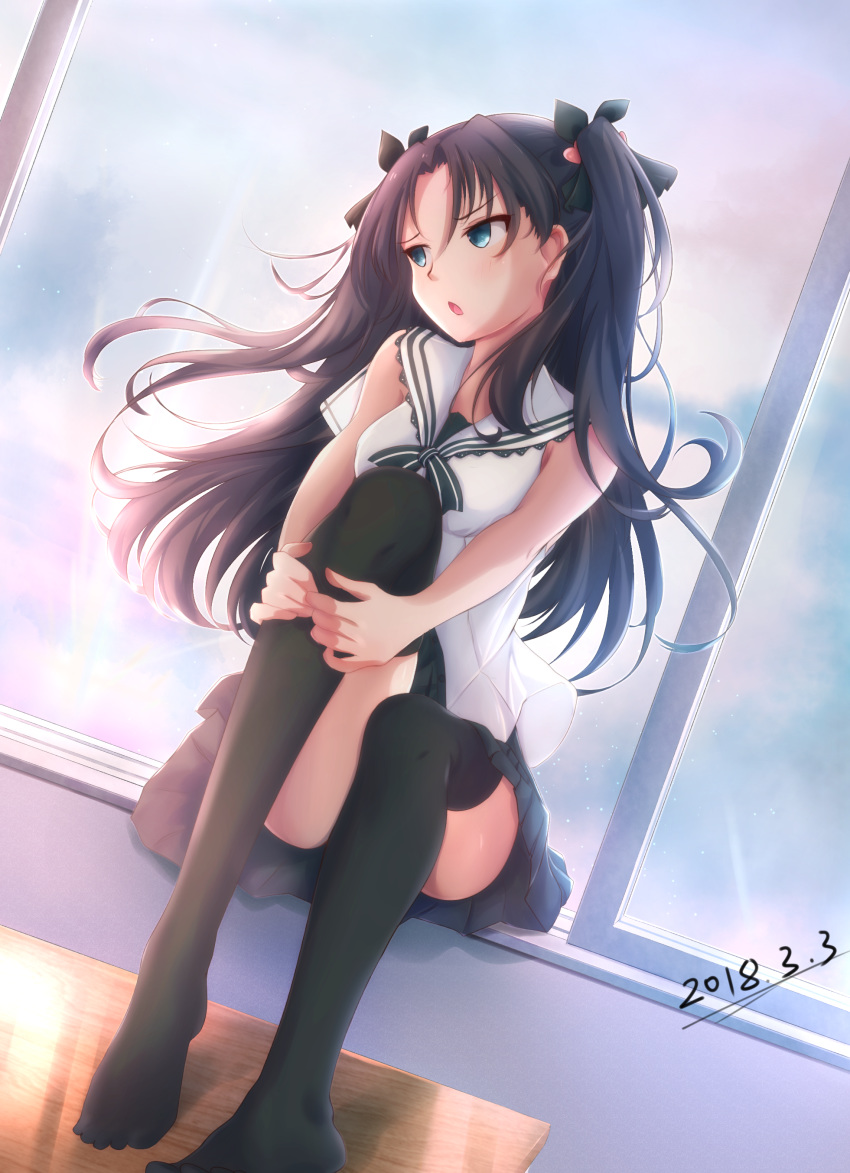 :o absurdres black_hair black_legwear black_skirt blue_eyes commentary_request dated fate/stay_night fate_(series) hair_ribbon highres jiang_xin long_hair looking_to_the_side ribbon sailor_collar sitting skirt solo thighhighs toosaka_rin two_side_up window windowsill