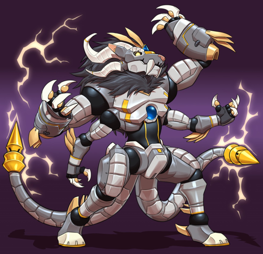 2_tails 4_arms 4_horns alternate_form android anthro biceps chimera claws codpiece electricity feathers gem glowing glowing_eyes gradient_background hooves hybrid lightning machine mane metal metallic_body multi_arm multi_limb multi_tail pecs pose purple_background robot rollwulf saber_teeth(feature) simple_background solo spiked_tail stripes szaeravar