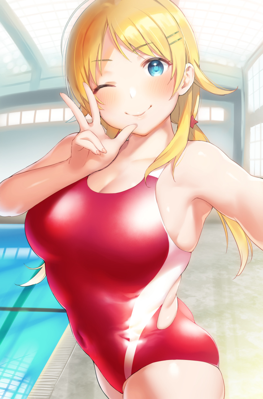;) arm_up ass blonde_hair blue_eyes blush breasts cleavage commentary_request competition_swimsuit covered_navel cowboy_shot eyebrows_visible_through_hair hachimiya_meguru hair_ornament hairclip hand_up highres idolmaster idolmaster_shiny_colors indoors large_breasts long_hair looking_at_viewer low_twintails nekoshoko one-piece_swimsuit one_eye_closed pool poolside reaching_out red_swimsuit self_shot skindentation smile solo swimsuit twintails w