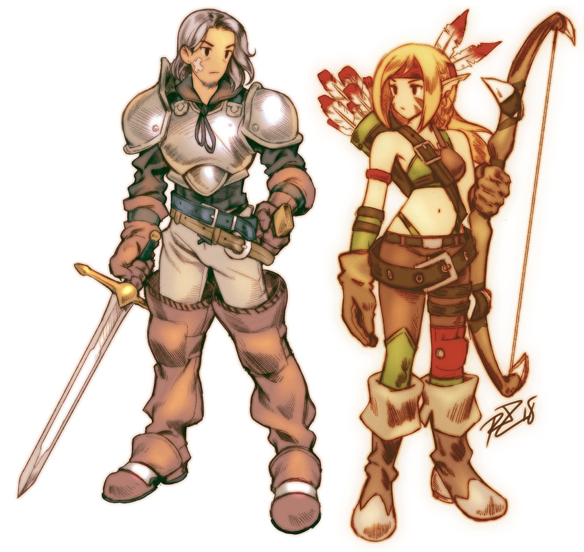 1girl archer_(fft) armor arrow asymmetrical_clothes bandaid bandaid_on_face belt black_eyes black_hair blonde_hair borrowed_character bow_(weapon) breasts brown_footwear brown_gloves commentary commission english_commentary expressionless facepaint facial_hair feathers final_fantasy final_fantasy_tactics gloves goatee hair_feathers highres holding holding_sword holding_weapon medium_breasts midriff navel original pointy_ears quiver robert_porter sheath signature squire_(fft) sword weapon yoshida_akihiko_(style)