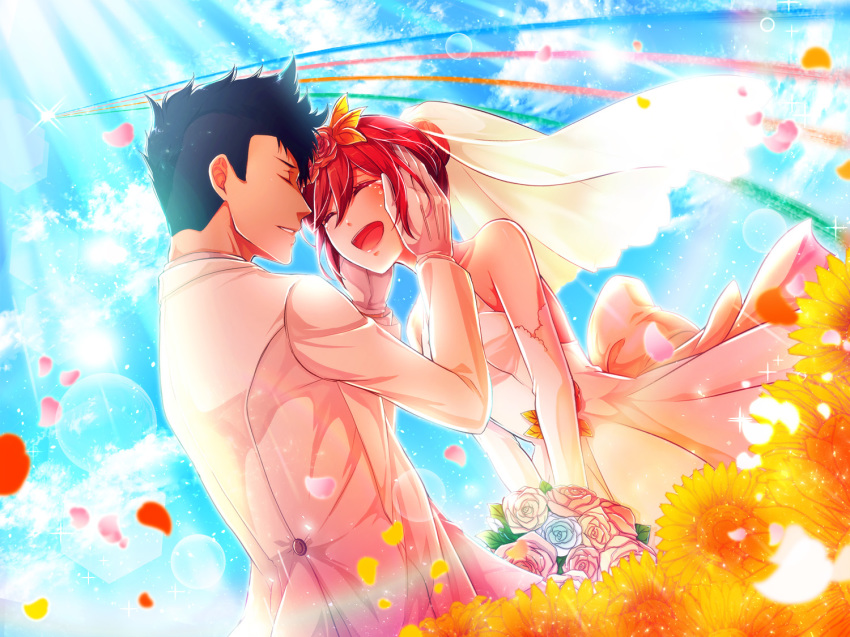 1girl acotamago black_hair bouquet bridal_veil bride closed_eyes couple dress elbow_gloves flower formal gloves good_end hair_flower hair_ornament hetero husband_and_wife kaname_buccaneer lens_flare macross macross_delta messer_ihlefeld mohawk petals red_hair rose shooting_star short_hair smile suit sunflower tears tuxedo uta_macross_sumaho_deculture veil wedding wedding_dress white_dress white_gloves