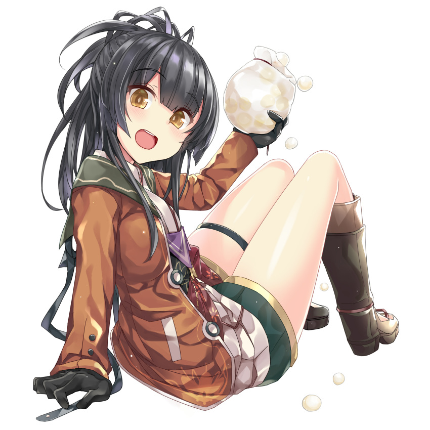 :d arm_support bad_revision bangs black_gloves black_hair black_legwear blush boots brown_eyes brown_jacket bulbonne character_request commentary_request downscaled_revision eyebrows_visible_through_hair full_body gloves green_shorts grimms_notes hair_between_eyes head_tilt highres holding jacket knee_boots long_hair long_sleeves looking_at_viewer looking_to_the_side md5_mismatch open_clothes open_jacket open_mouth round_teeth shirt short_shorts shorts simple_background sitting smile solo teeth thighs upper_teeth white_background white_shirt