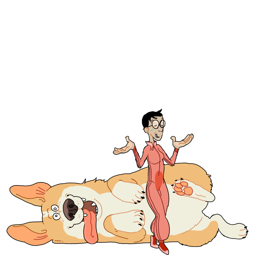 2017 4_toes 5_fingers ambiguous_gender begging begging_pose biped black_claws black_hair black_nose breasts canine claws clothed clothing corgi countershade_face countershade_legs countershade_torso countershading digital_drawing_(artwork) digital_media_(artwork) dog duo eyes_closed eyewear fangs featureless_crotch female feral footwear full-length_portrait fur glasses gogarty hair hi_res hindpaw human humanoid_hands jumpsuit light_skin lolling_tongue looking_at_viewer lying macro mammal markings multicolored_fur on_side open_mouth open_smile orange_fur orange_pawpads pawpads paws pink_tongue portrait quadruped red_clothing shoes short_hair shrug simple_background small_breasts smile snout socks_(marking) standing sweat sweatdrop tan_skin toe_claws toes tongue tongue_out toony two_tone_fur white_background white_countershading white_eyes white_fur