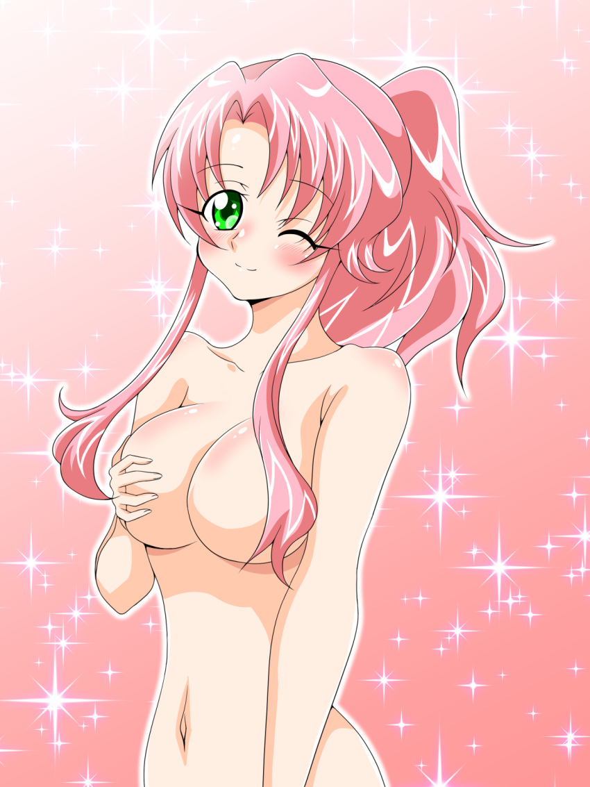 1girl blush breasts convenient_censoring covering covering_breasts gradient_background green_eyes hair_censor hair_over_breasts inabakun00 large_breasts long_hair looking_at_viewer navel nude one_eye_closed original out-of-frame_censoring pink_background pink_hair ponytail rio_(inaba) smile solo sparkle standing wink