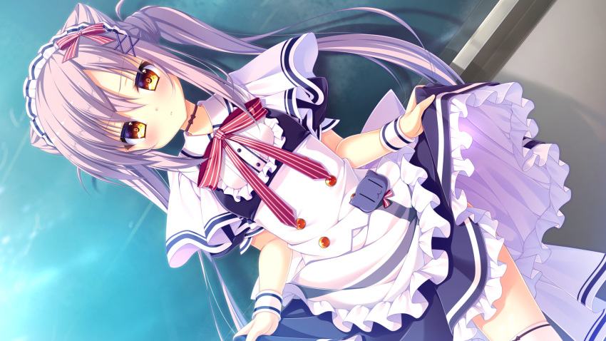 bow circus game_cg kosaka_miyori long_hair maid mitsumomo_mamu purple_hair skirt_lift tenpure!! twintails yellow_eyes