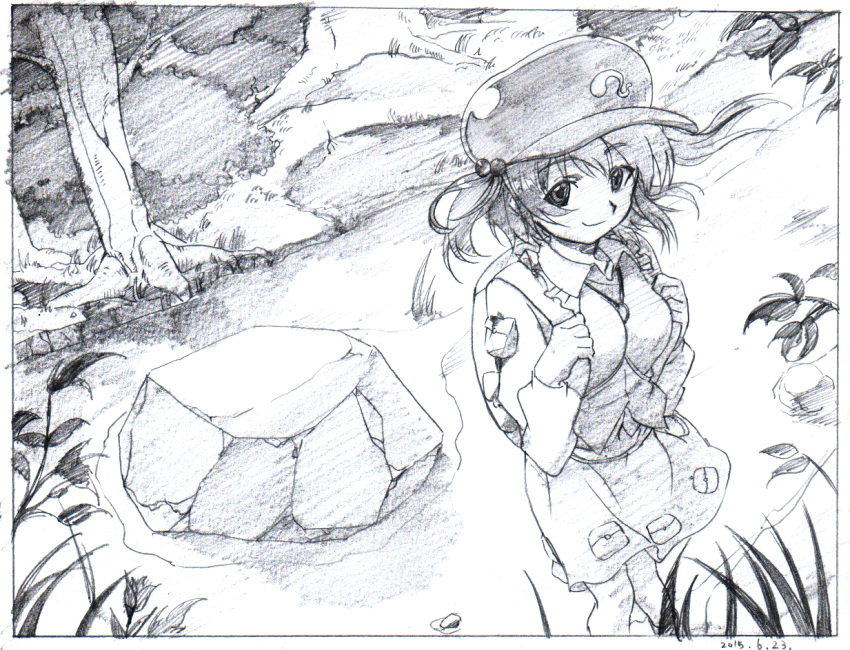 backpack bag black_border border closed_mouth dated graphite_(medium) greyscale hair_bobbles hair_ornament hat kawashiro_nitori long_sleeves looking_at_viewer monochrome outdoors pink_x pouch rock skirt smile solo standing touhou traditional_media tree two_side_up vest