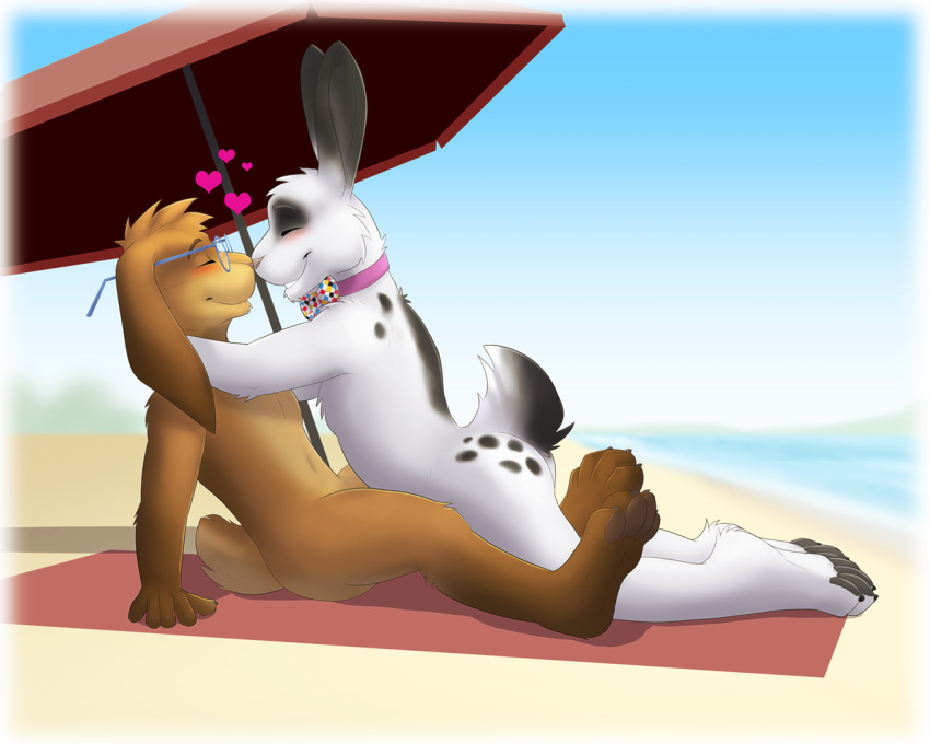 &lt;3 2018 5:4 5_fingers beach blush bow_tie brown_fur collar dream_and_nightmare eyes_closed eyewear fur glasses lagomorph love male male/male mammal marlon_bundo nose_bump outside public rabbit seaside umbrella wesley_(marlon_bundo) white_fur