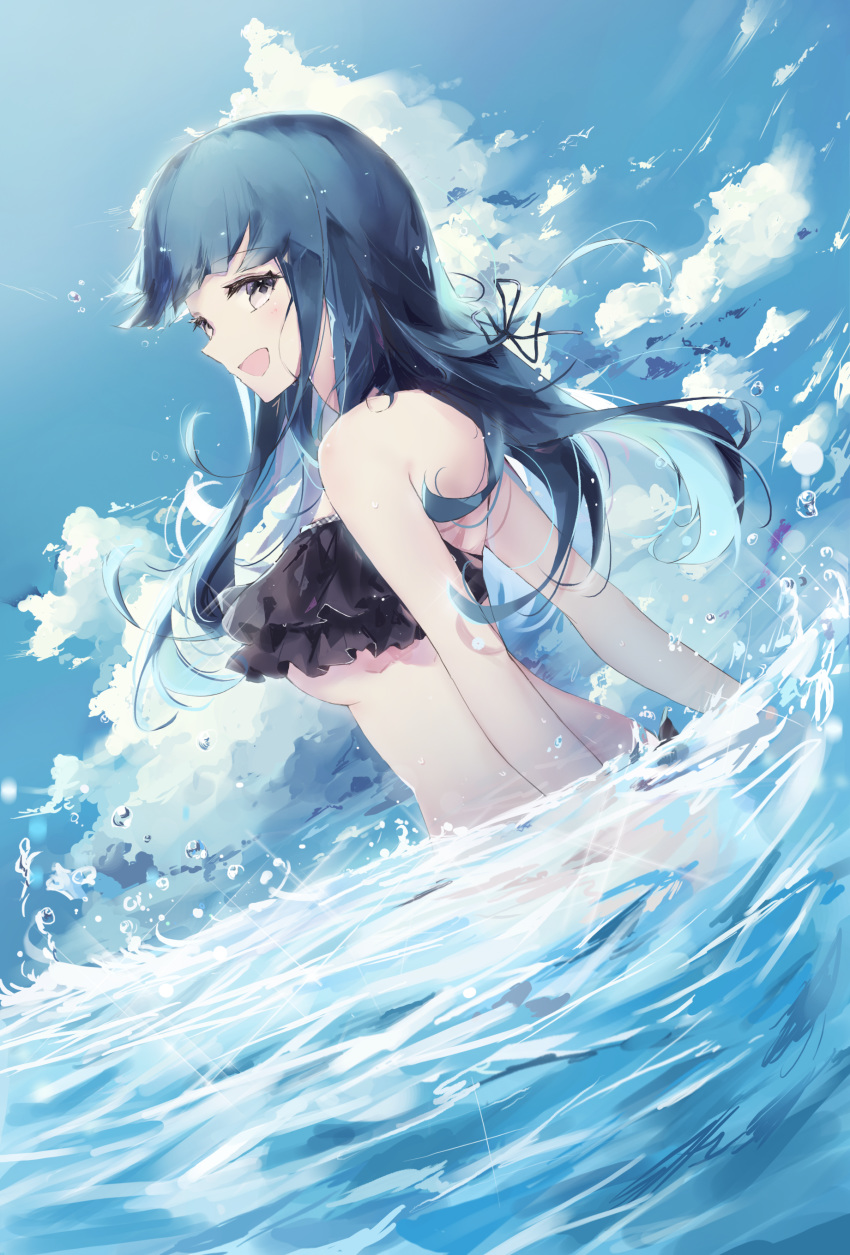 absurdres black_bikini_top black_swimsuit blue_eyes bow commentary_request day highres long_hair looking_at_viewer ocean original purple_eyes sky solo swimsuit tr_(hareru) water