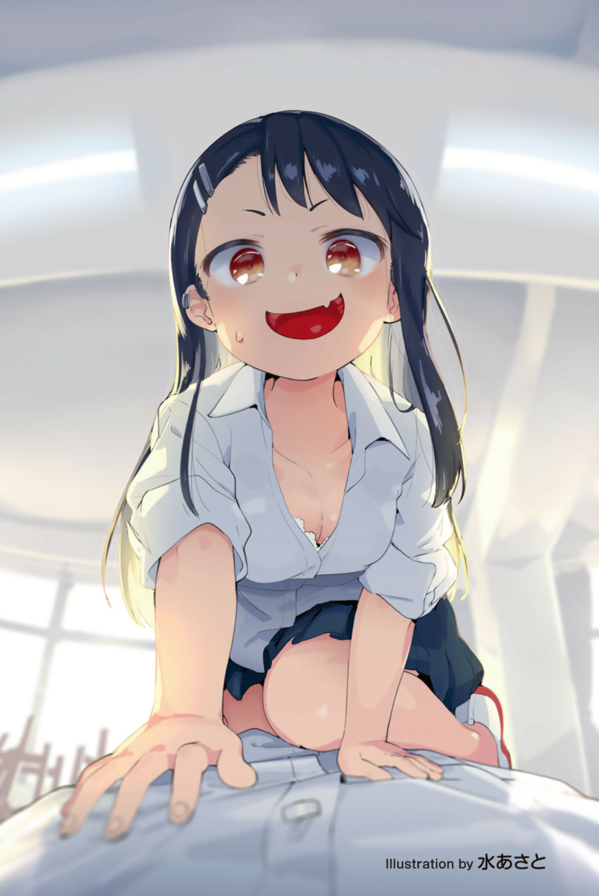 :d all_fours artist_name black_hair blue_skirt blurry blush bra breasts brown_eyes ceiling_light classroom cleavage dark_skin depth_of_field downblouse dress_shirt ear_piercing fang fisheye foreshortening girl_on_top hair_ornament hairclip highres ijiranaide_nagatoro-san indoors long_hair looking_at_viewer lying mizu_asato nagatoro no_socks non-web_source on_stomach open_mouth out_of_frame perspective piercing pov school_uniform shirt shoes skirt sleeves_rolled_up small_breasts smile solo_focus sunlight sweatdrop underwear untucked_shirt uwabaki wing_collar