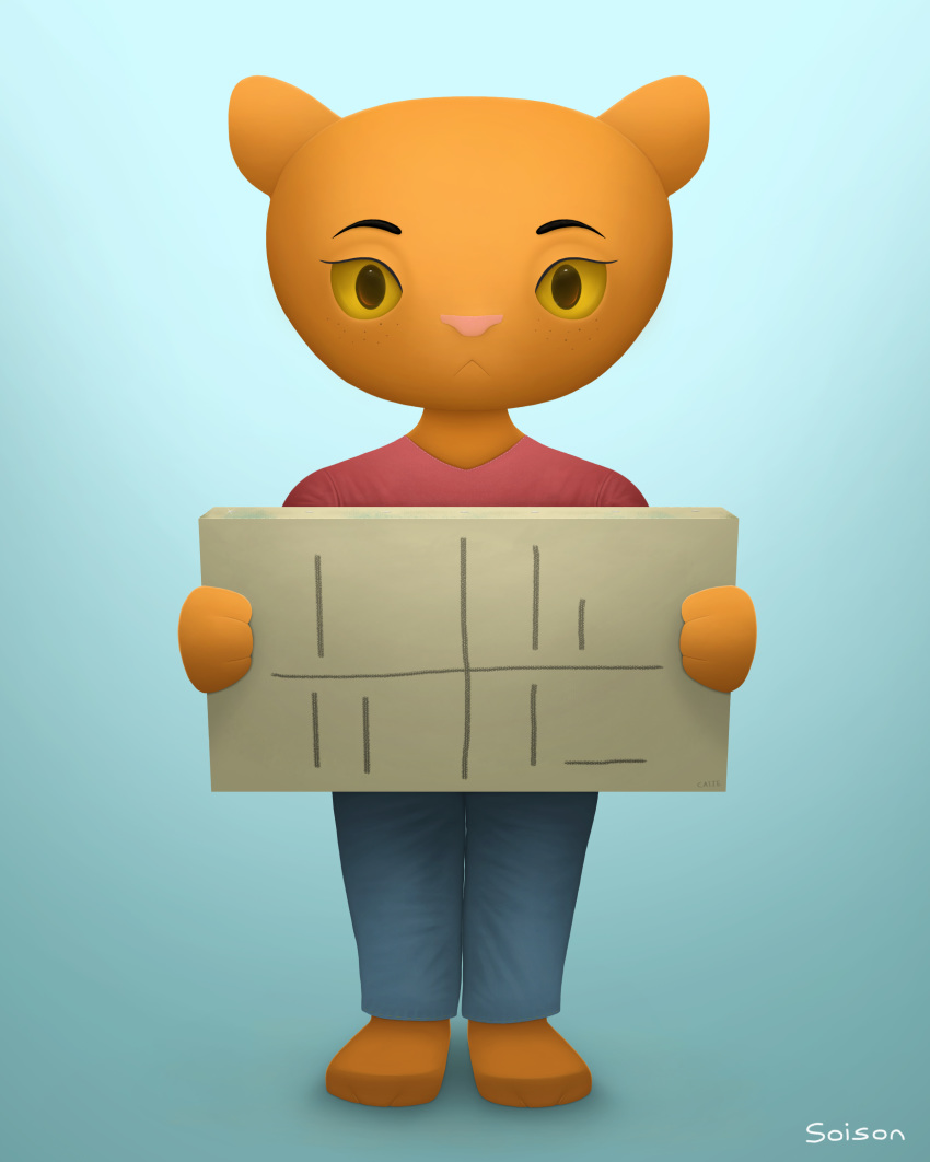 2018 3_fingers absurd_res anthro barefoot blue_background brown_eyes cat clothing digital_media_(artwork) feline female freckles front_view fur hi_res holding_object jeans looking_at_viewer loss mammal meme orange_fur painting pants pink_nose shirt signature simple_background soison solo standing why yellow_sclera