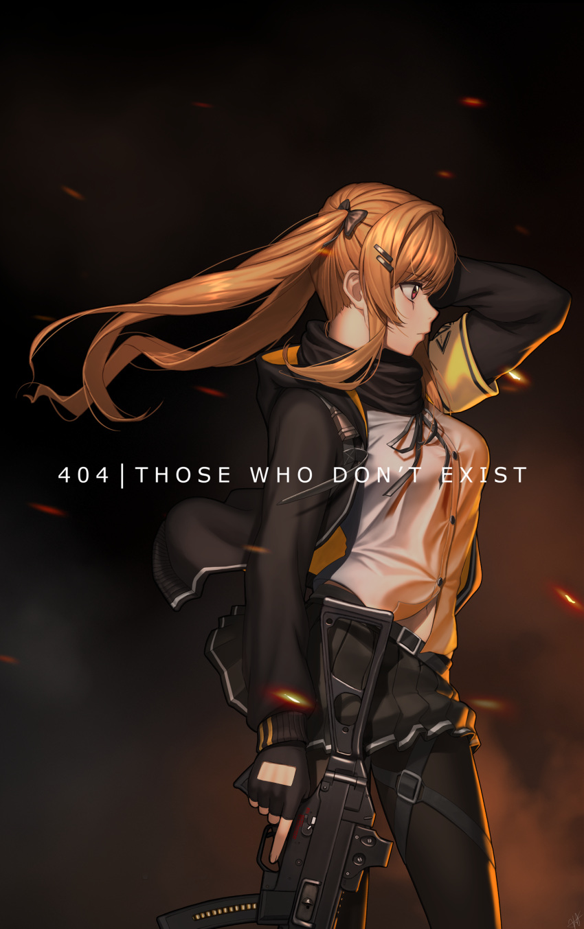 ahd armband bangs black_gloves black_jacket black_scarf blush breasts brown_eyes brown_hair closed_mouth eyebrows_visible_through_hair fingerless_gloves floating_hair from_side girls_frontline gloves gun h&amp;k_ump h&amp;k_ump9 hair_ornament hairclip hand_in_hair heckler_&amp;_koch highres holding holding_gun holding_weapon hood hood_down hooded_jacket jacket long_hair looking_afar md5_mismatch medium_breasts neck_ribbon pantyhose pleated_skirt ribbon scarf shirt signature skirt solo submachine_gun text_focus thigh_strap trigger_discipline twintails ump9_(girls_frontline) weapon white_shirt wind wind_lift