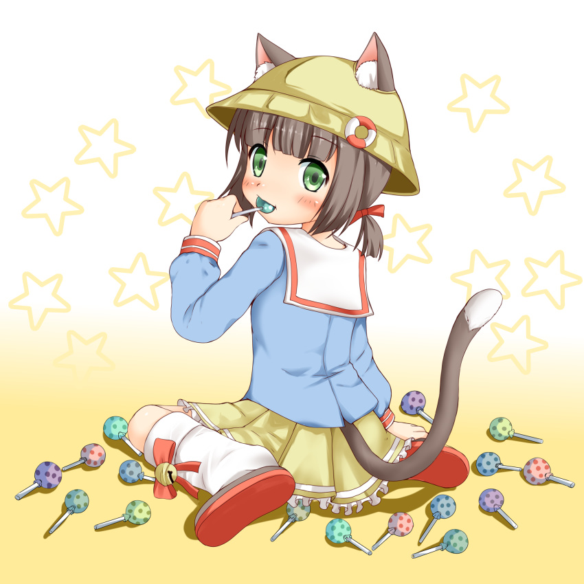 animal_ears azur_lane bangs bell blue_shirt blush bow brown_footwear brown_hair candy cat_ears cat_girl cat_tail closed_mouth commentary_request ears_through_headwear eyebrows_visible_through_hair food gradient gradient_background green_eyes hat highres holding holding_lollipop jingle_bell kindergarten_uniform kneehighs kumaneko_rococo lifebuoy lollipop long_sleeves looking_at_viewer looking_back loose_socks low_twintails mutsuki_(azur_lane) pleated_skirt polka_dot red_bow sailor_collar school_hat shirt shoe_soles short_twintails sitting skirt solo star tail twintails wariza white_background white_legwear white_sailor_collar yellow_background yellow_hat yellow_skirt