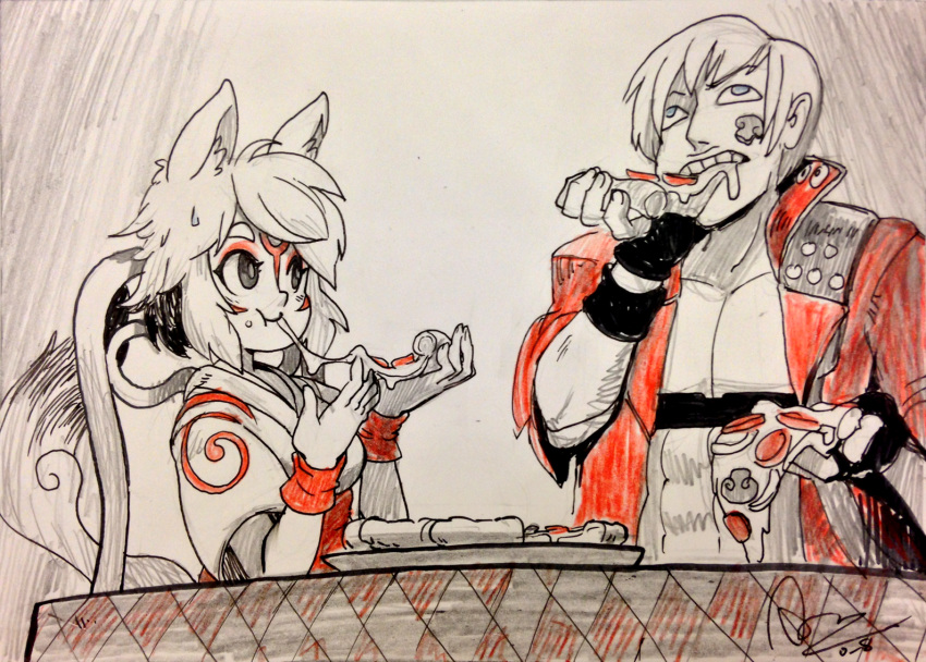 1girl :t alex_ahad amaterasu animal_ears blue_eyes coat crossover dante_(devil_may_cry) devil_may_cry eating eyelashes fingerless_gloves food food_on_face gloves holding_pizza oekaki ookami_(game) personification pizza signature sweatdrop wolf_ears wristband