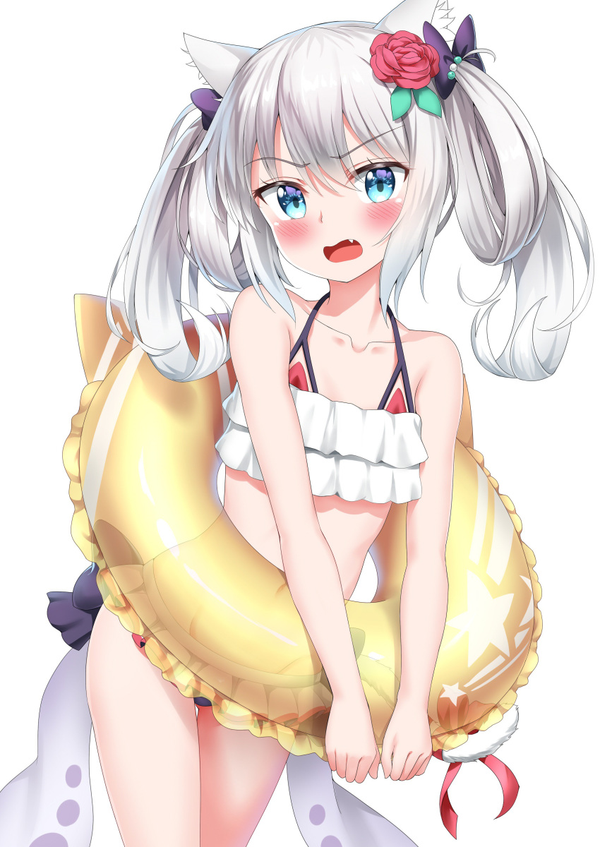 absurdres animal_ears azur_lane bare_arms bare_shoulders bikini black_bow blue_eyes blush bow cat_ears cat_tail cowboy_shot embarrassed eyebrows_visible_through_hair fang flower folded_hair frilled_bikini frills grey_hair hair_bow hair_flower hair_ornament hair_ribbon hammann_(azur_lane) highres innertube looking_at_viewer navel nedia_(nedia_region) open_mouth purple_ribbon red_bikini red_bow red_flower red_ribbon red_rose ribbon rose simple_background solo swimsuit tail twintails white_background yellow_innertube