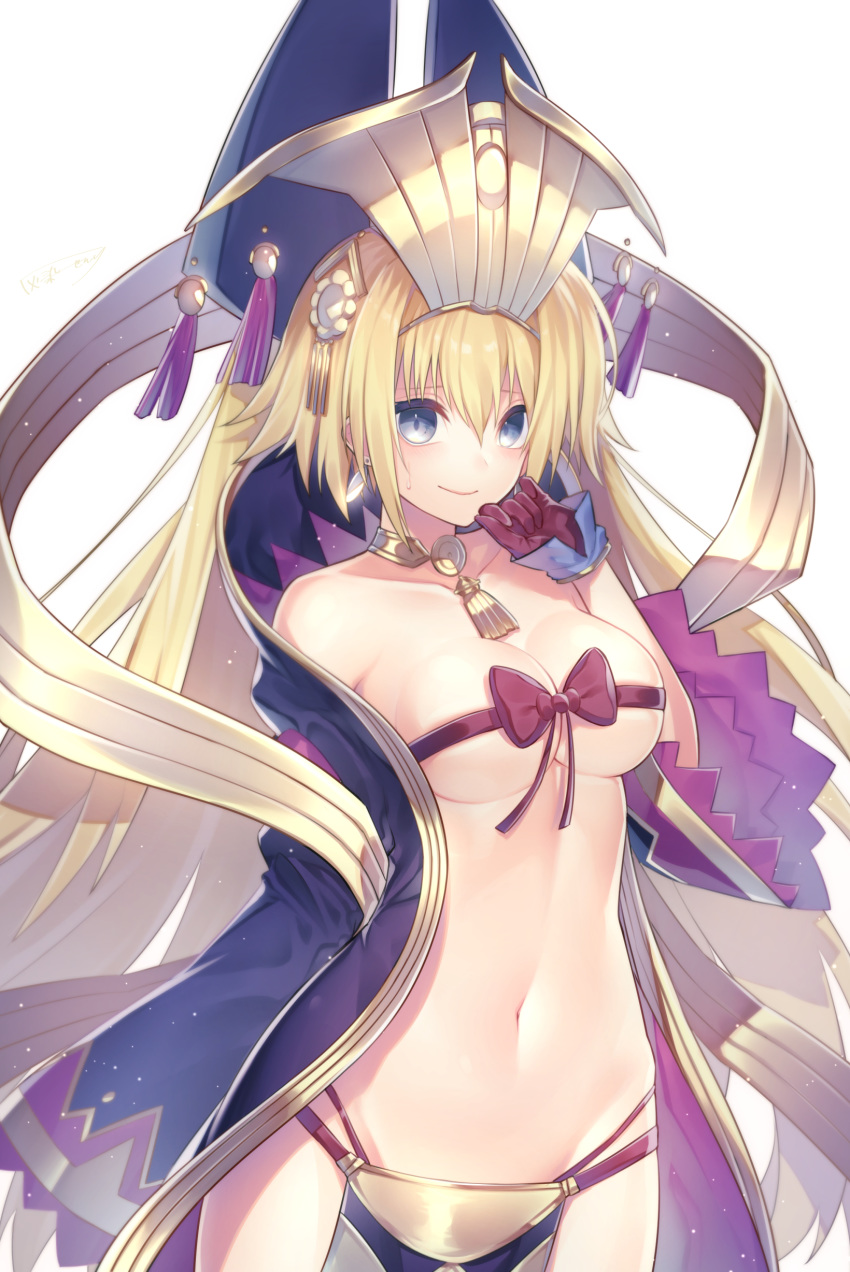 absurdres bangs bare_shoulders big_hair blonde_hair blue_eyes blurry blush bow bow_bra bra breasts brown_bow brown_gloves brown_ribbon chinese_clothes closed_mouth collar collarbone commentary_request cosplay cowboy_shot depth_of_field earrings fate/grand_order fate_(series) gloves groin hair_between_eyes hair_ornament haizome_senri hand_on_own_face hand_up headgear headpiece highres jeanne_d'arc_(fate) jeanne_d'arc_(fate)_(all) jewelry large_breasts light_particles long_hair long_sleeves looking_at_viewer navel nose_blush pelvic_curtain ribbon ribbon_bra shiny shiny_hair sidelocks signature simple_background smile solo standing stomach stud_earrings sweatdrop tassel underwear very_long_hair white_background wide_sleeves wrist_cuffs wu_zetian_(fate/grand_order) wu_zetian_(fate/grand_order)_(cosplay)